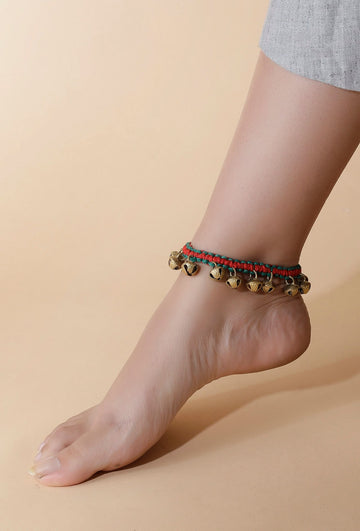 Traditional teal and red tribal anklet with ghungroos